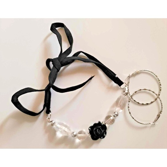 Black Ribbon Rose Clear & Silver Beaded Necklace With Silver Hoop Earrings Set - Picture 1 of 16